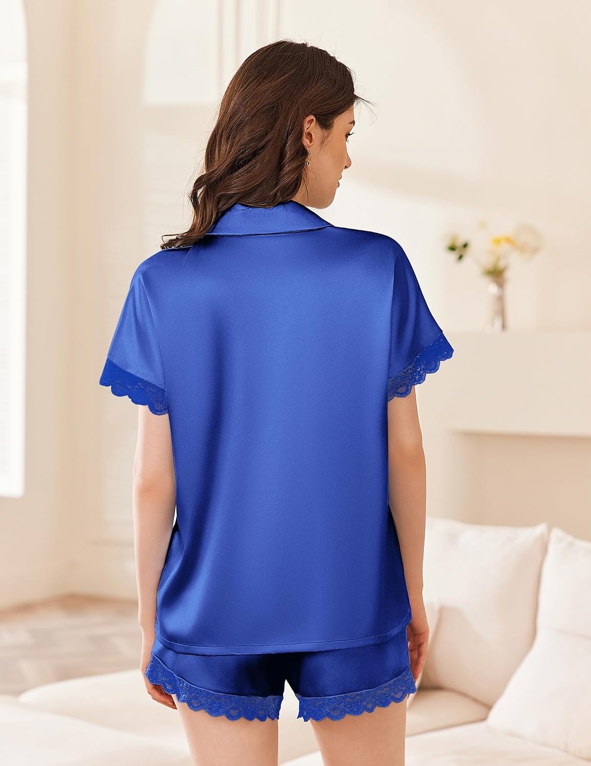 image:imageEkouaer Women Lace Satin Pajama Set Button Down Silk Pjs Shorts Set XSXXLSky Blue