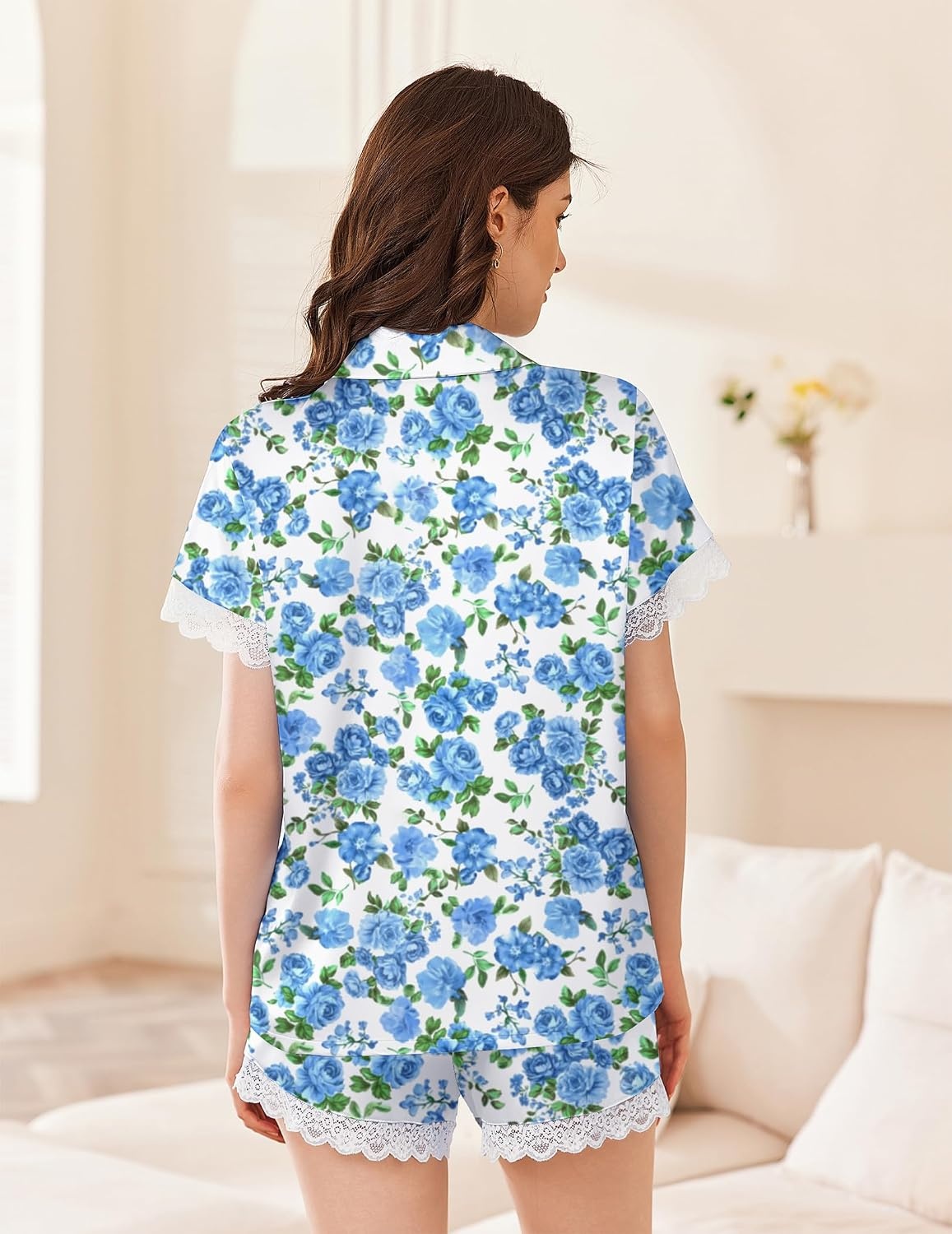 image:imageEkouaer Women Lace Satin Pajama Set Button Down Silk Pjs Shorts Set XSXXLVintage Floral Blue