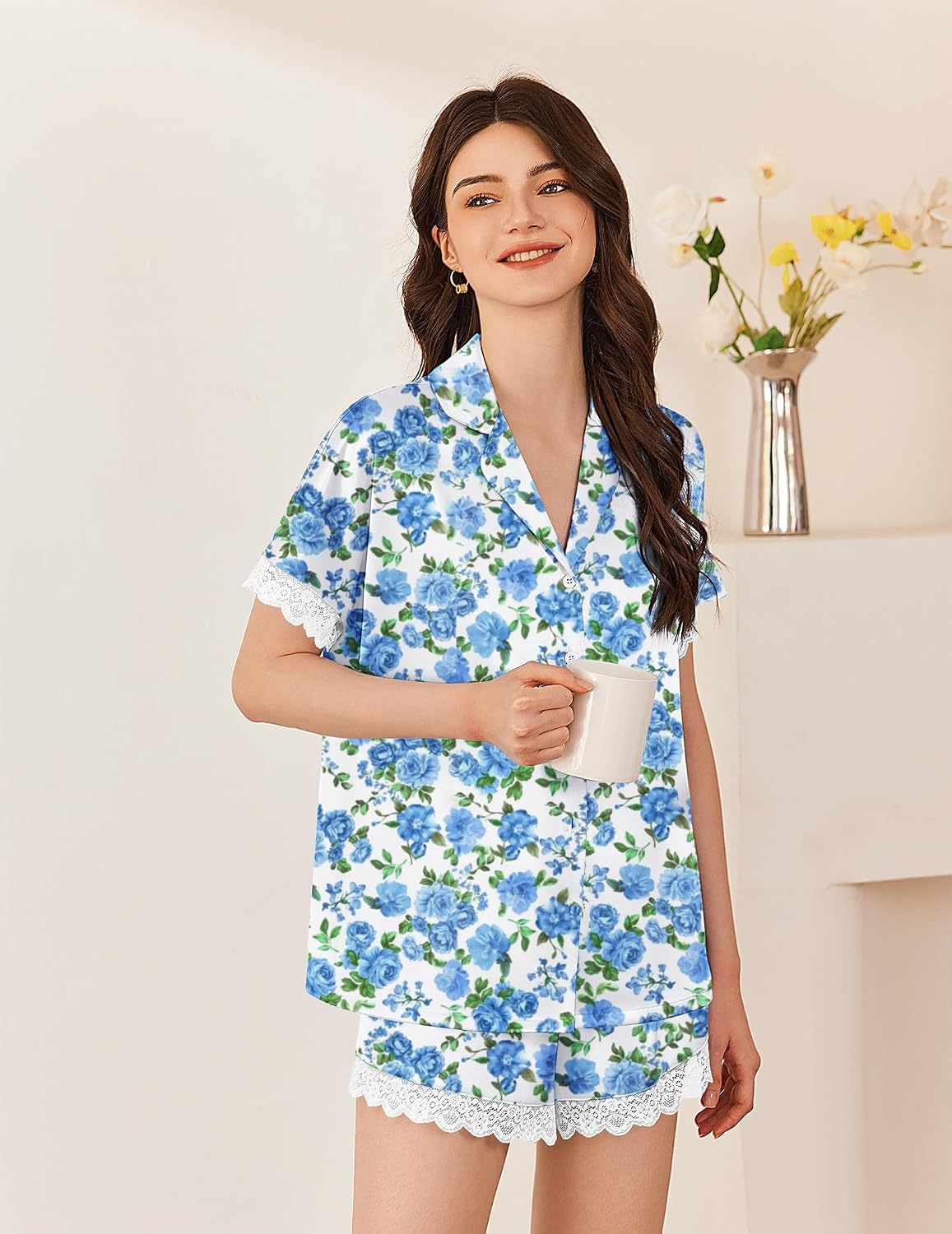 image:imageEkouaer Women Lace Satin Pajama Set Button Down Silk Pjs Shorts Set XSXXLVintage Floral Blue
