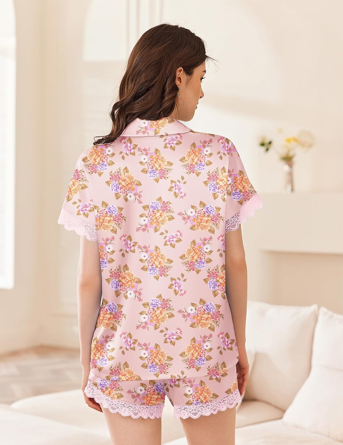 image:imageEkouaer Women Lace Satin Pajama Set Button Down Silk Pjs Shorts Set XSXXLVintage Floral Blush Pink