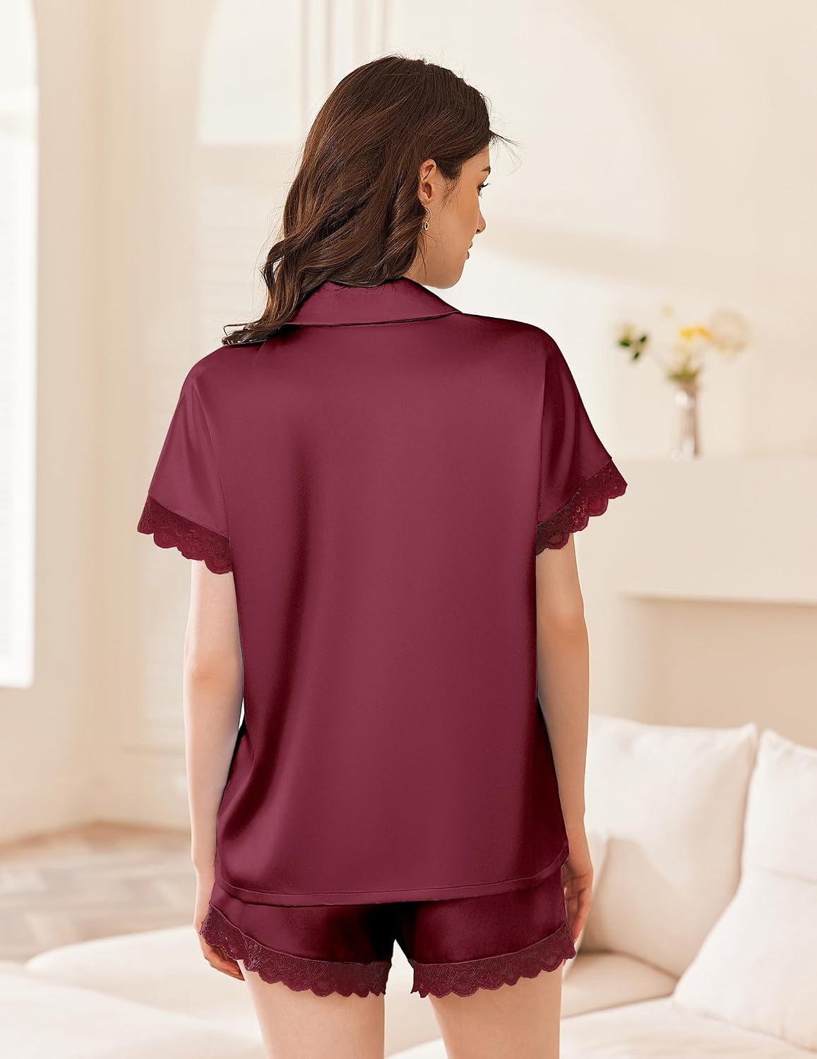 image:imageEkouaer Women Lace Satin Pajama Set Button Down Silk Pjs Shorts Set XSXXLWine Red