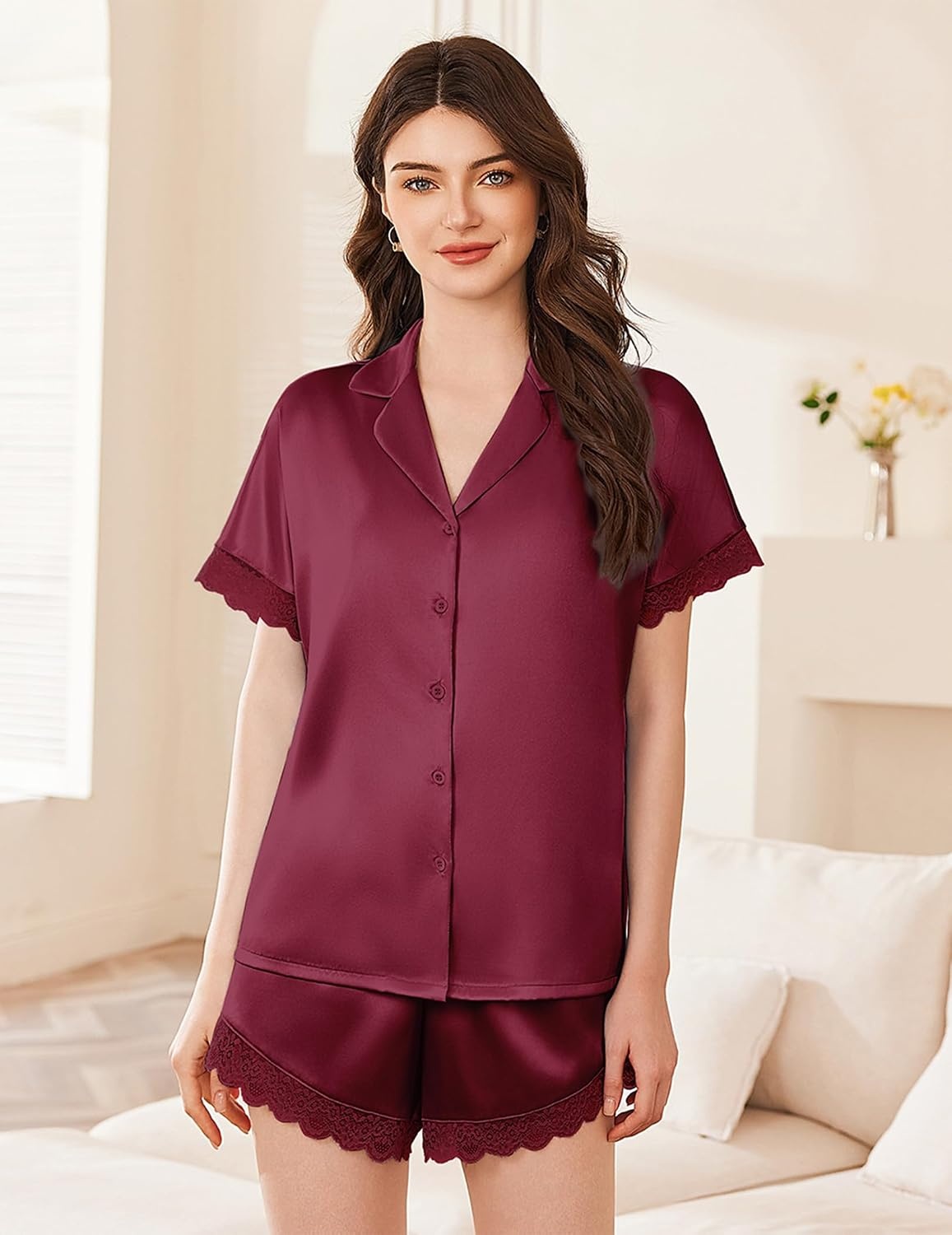 image:imageEkouaer Women Lace Satin Pajama Set Button Down Silk Pjs Shorts Set XSXXLWine Red