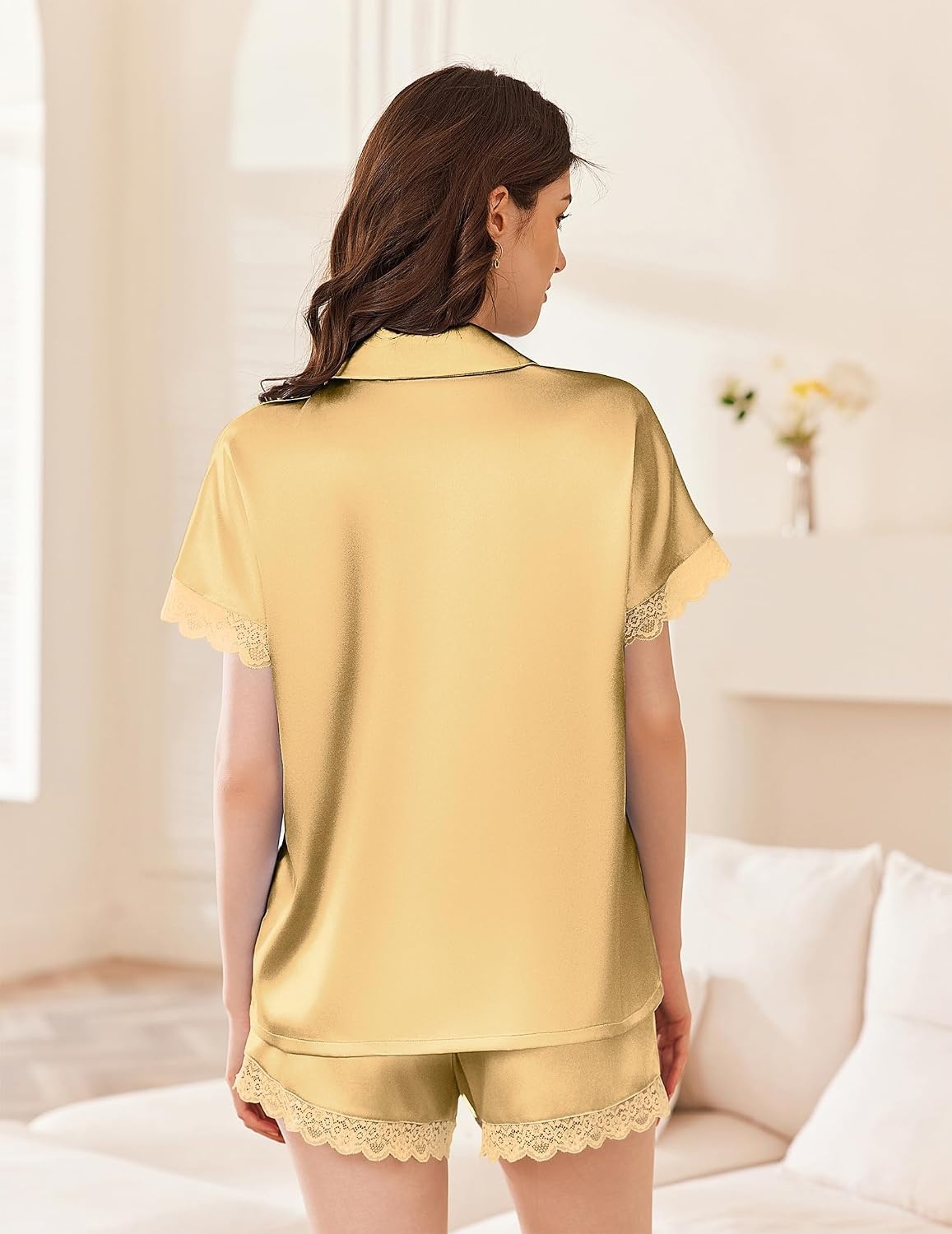 image:imageEkouaer Women Lace Satin Pajama Set Button Down Silk Pjs Shorts Set XSXXLYellow