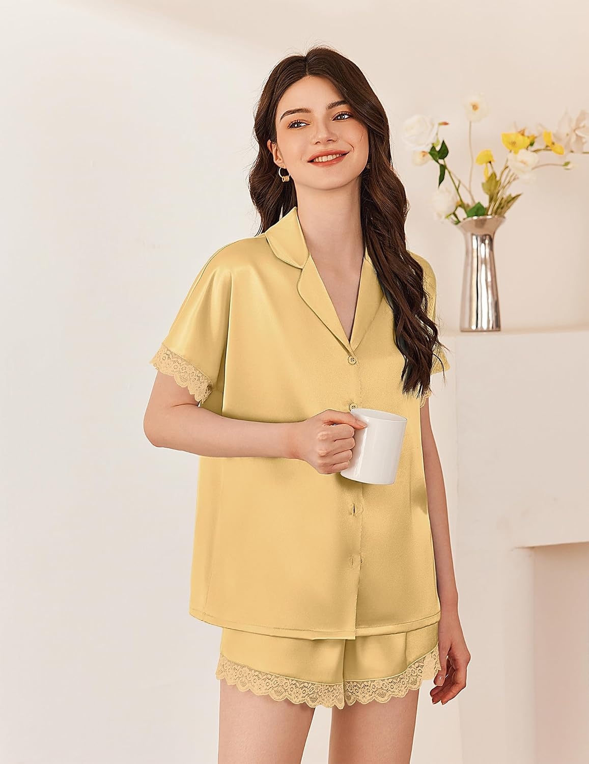 image:imageEkouaer Women Lace Satin Pajama Set Button Down Silk Pjs Shorts Set XSXXLYellow