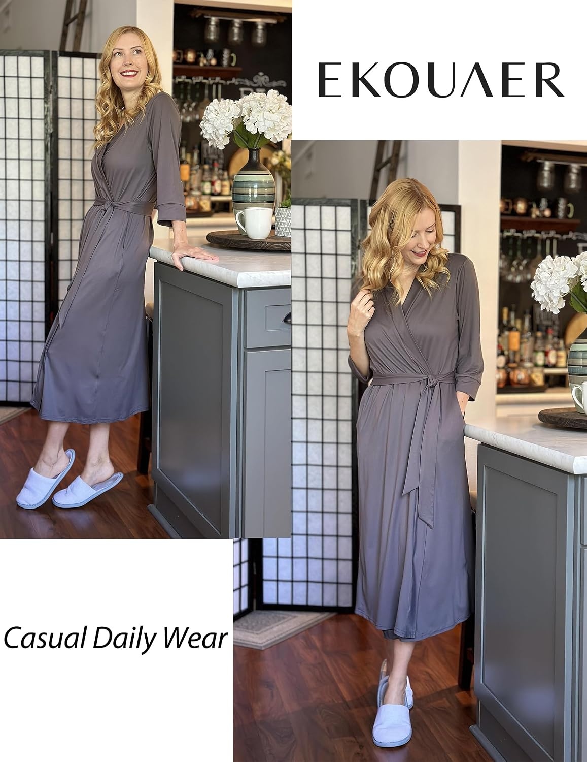 image:imageEkouaer Women Robes Long Knit Bathrobe Soft Kimono Loungewear with PocketsGrey