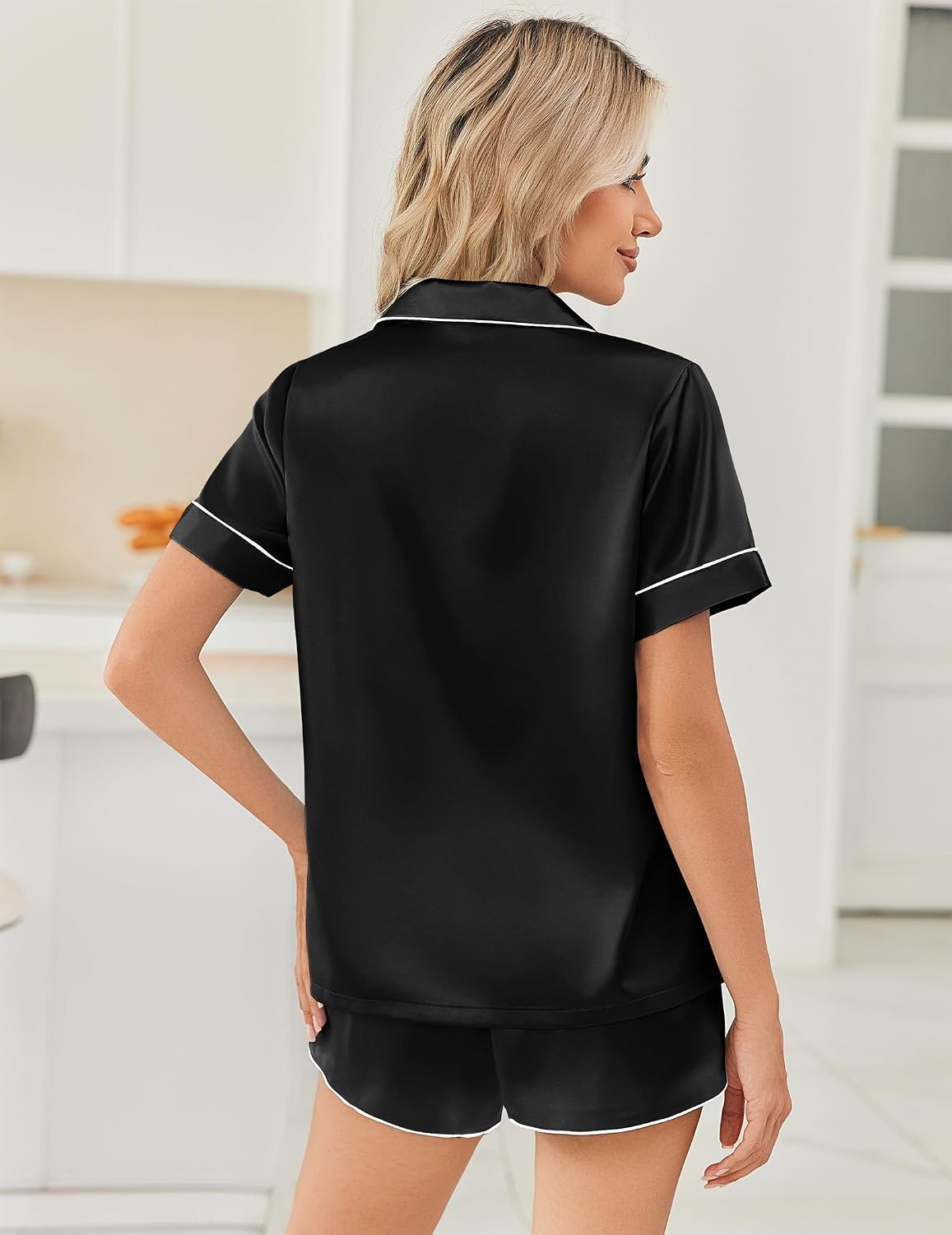 image:imageEkouaer Women Satin Pajama Sets Cute Print Silk Pjs Shorts Sets S4XLBlack