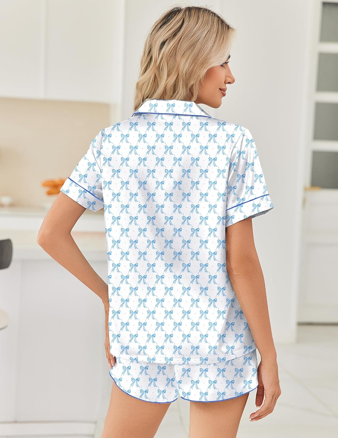 image:imageEkouaer Women Satin Pajama Sets Cute Print Silk Pjs Shorts Sets S4XLBlue Bow