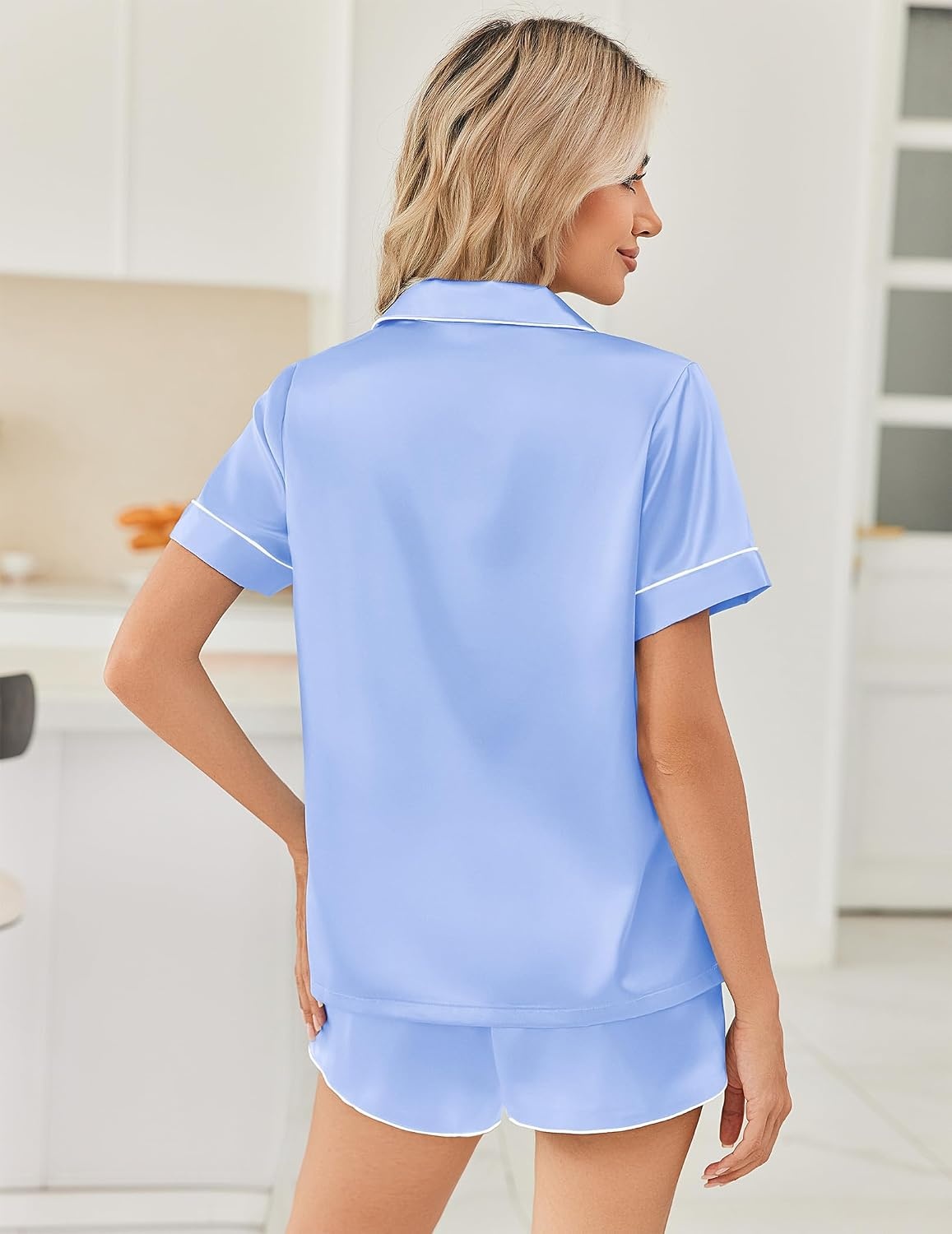 image:imageEkouaer Women Satin Pajama Sets Cute Print Silk Pjs Shorts Sets S4XLLight Blue