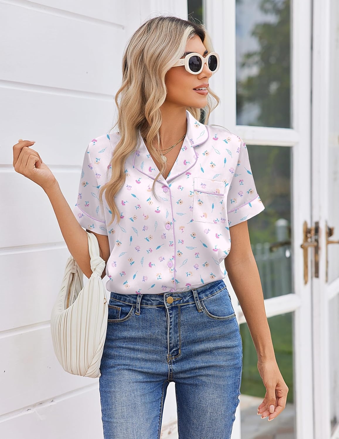 image:imageEkouaer Women Satin Pajama Sets Cute Print Silk Pjs Shorts Sets S4XLLilac Flower Leave
