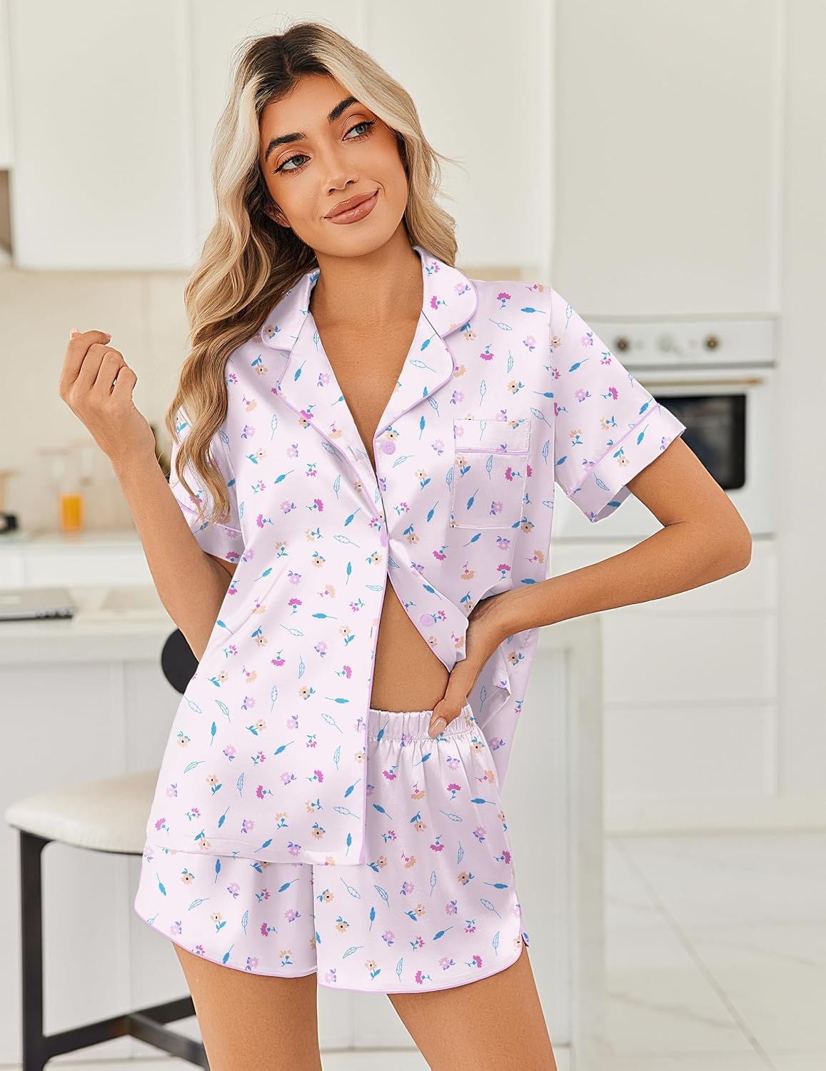 image:imageEkouaer Women Satin Pajama Sets Cute Print Silk Pjs Shorts Sets S4XLLilac Flower Leave