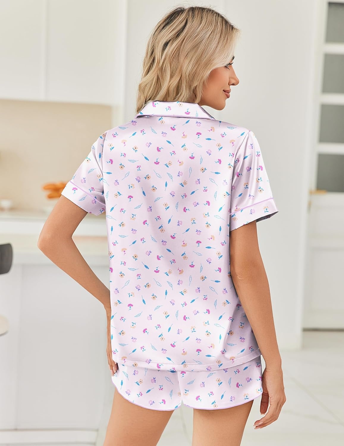 image:imageEkouaer Women Satin Pajama Sets Cute Print Silk Pjs Shorts Sets S4XLLilac Flower Leave