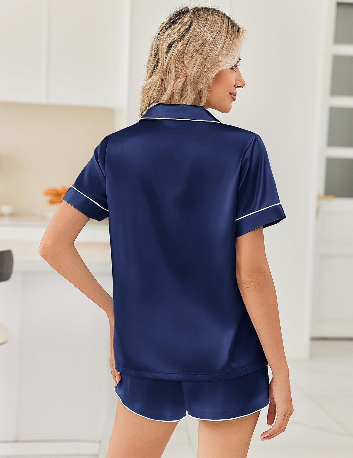 image:imageEkouaer Women Satin Pajama Sets Cute Print Silk Pjs Shorts Sets S4XLNavy Blue