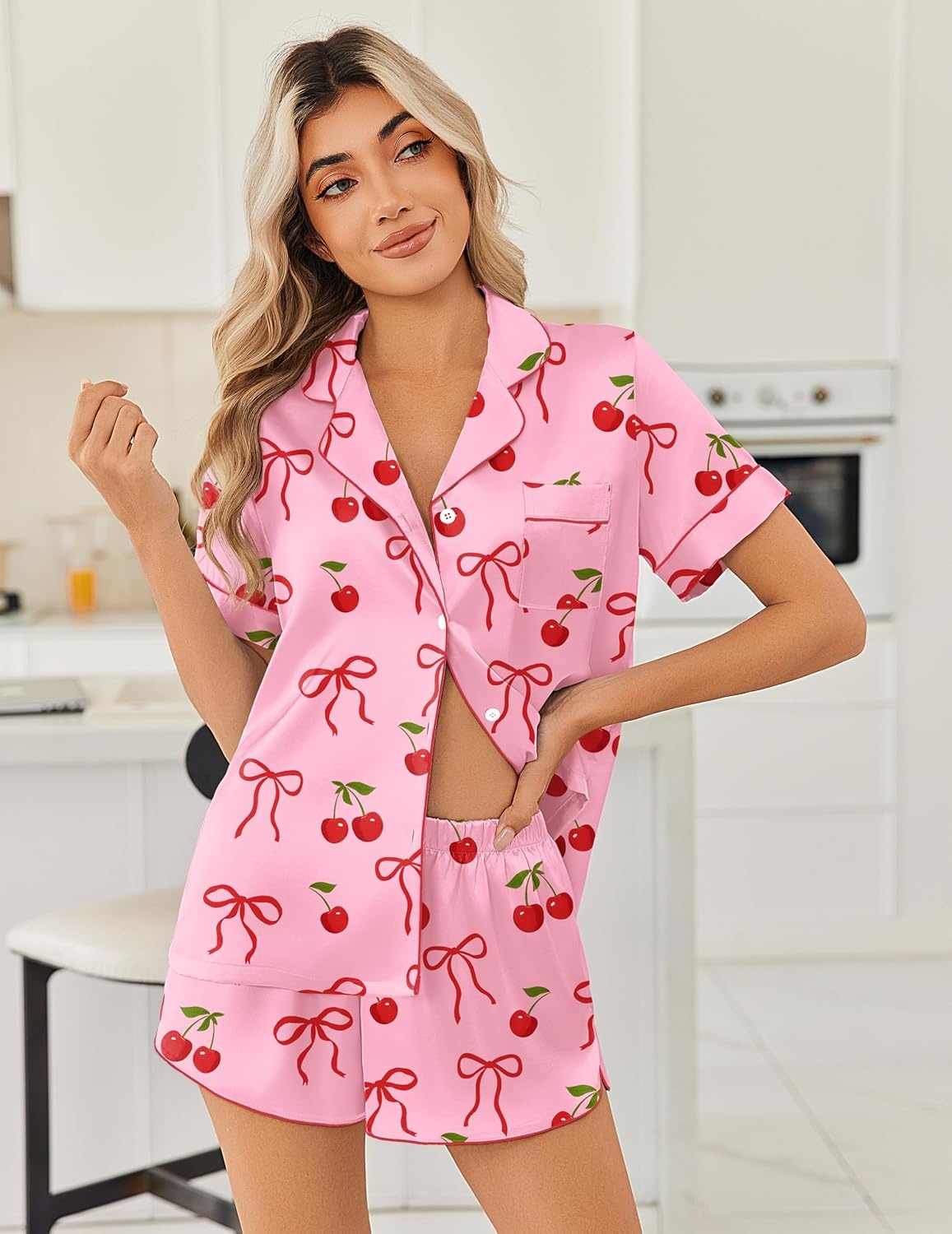 image:imageEkouaer Women Satin Pajama Sets Cute Print Silk Pjs Shorts Sets S4XLPink Cherry Bow