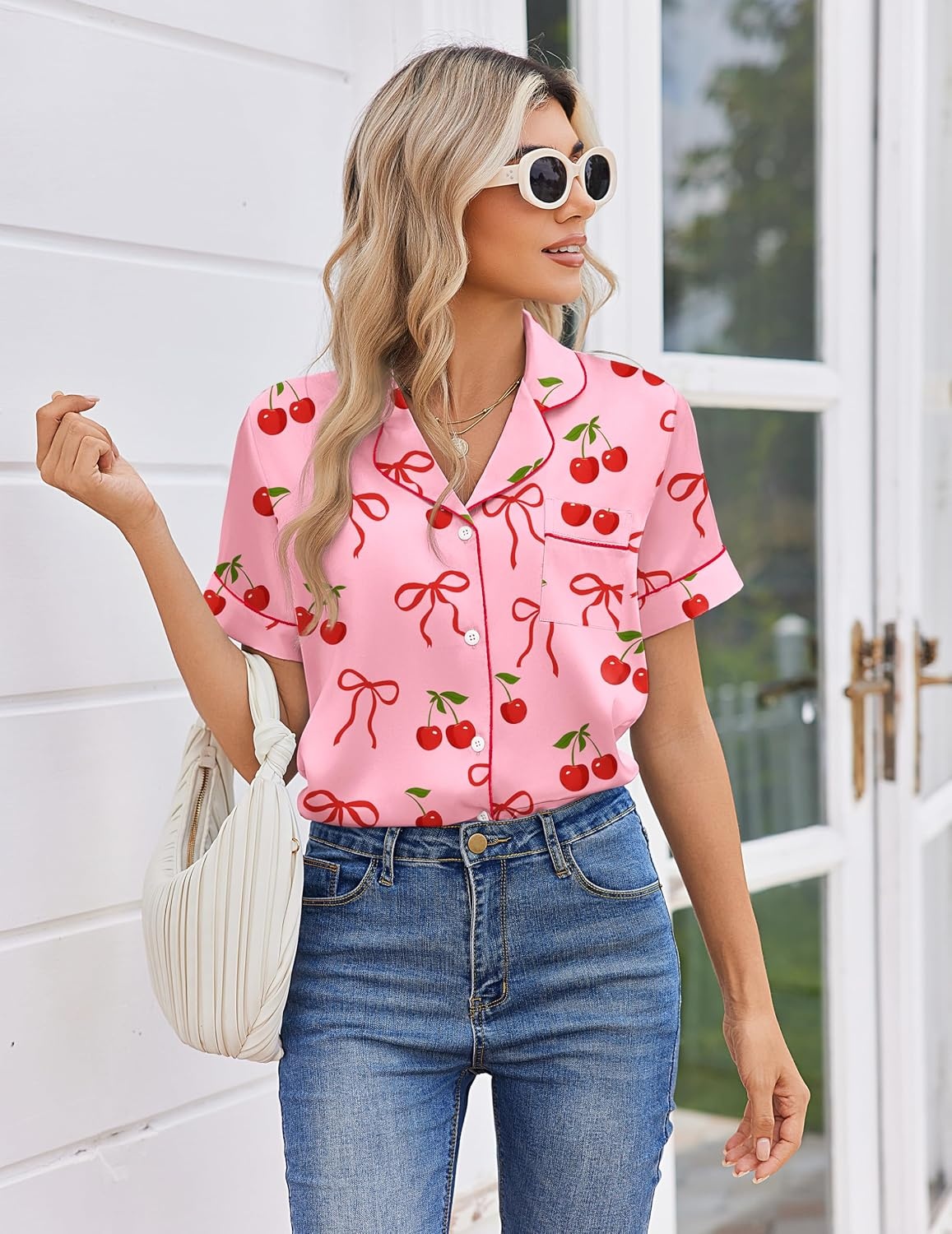 image:imageEkouaer Women Satin Pajama Sets Cute Print Silk Pjs Shorts Sets S4XLPink Cherry Bow