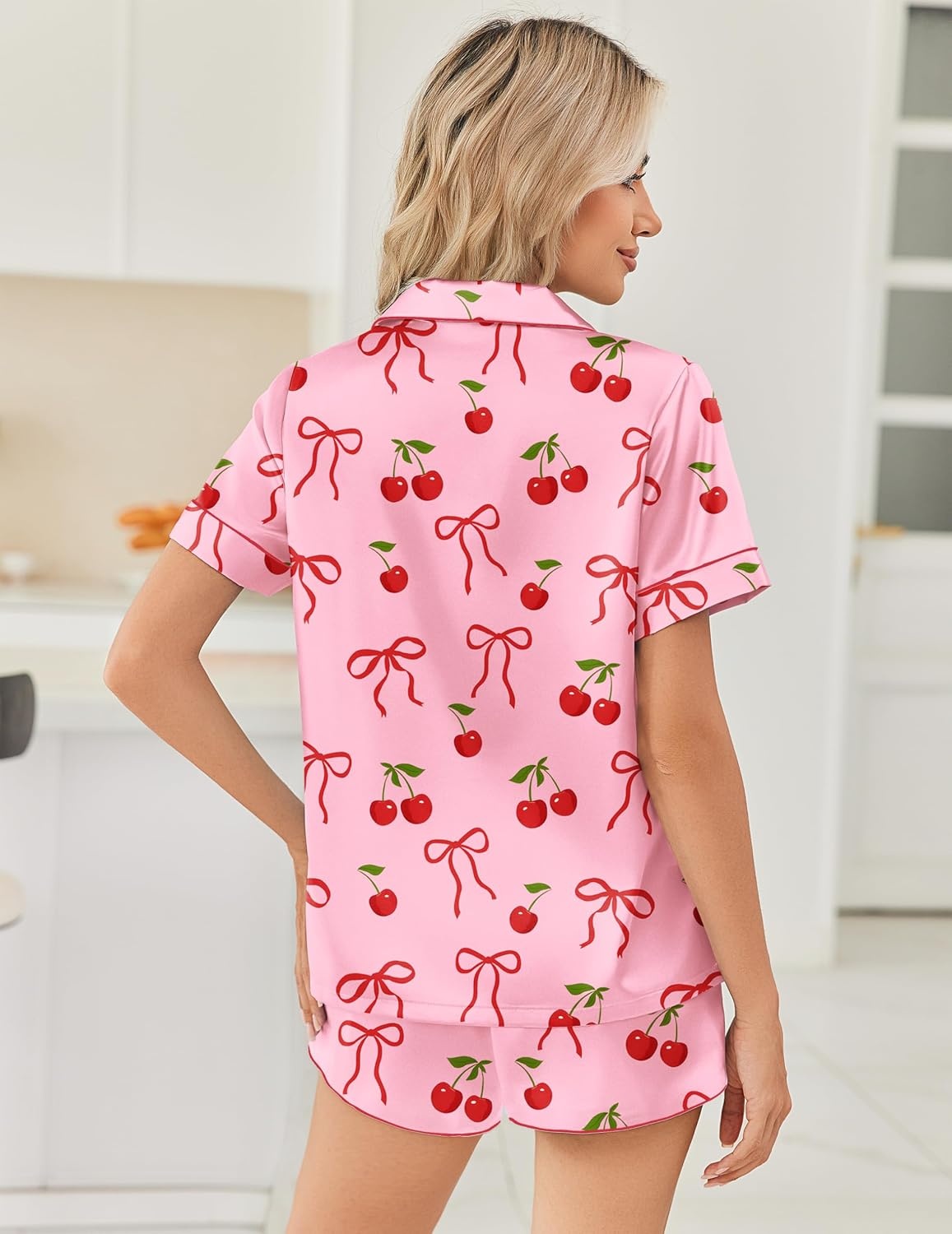 image:imageEkouaer Women Satin Pajama Sets Cute Print Silk Pjs Shorts Sets S4XLPink Cherry Bow