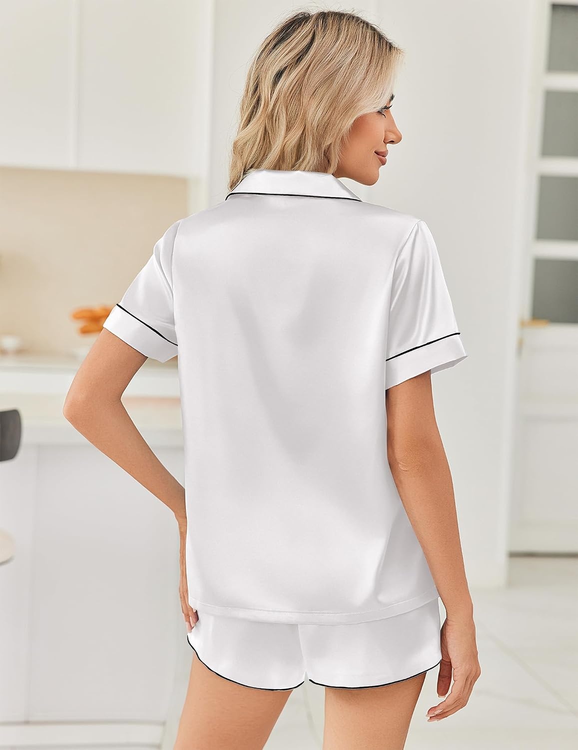 image:imageEkouaer Women Satin Pajama Sets Cute Print Silk Pjs Shorts Sets S4XLWhite