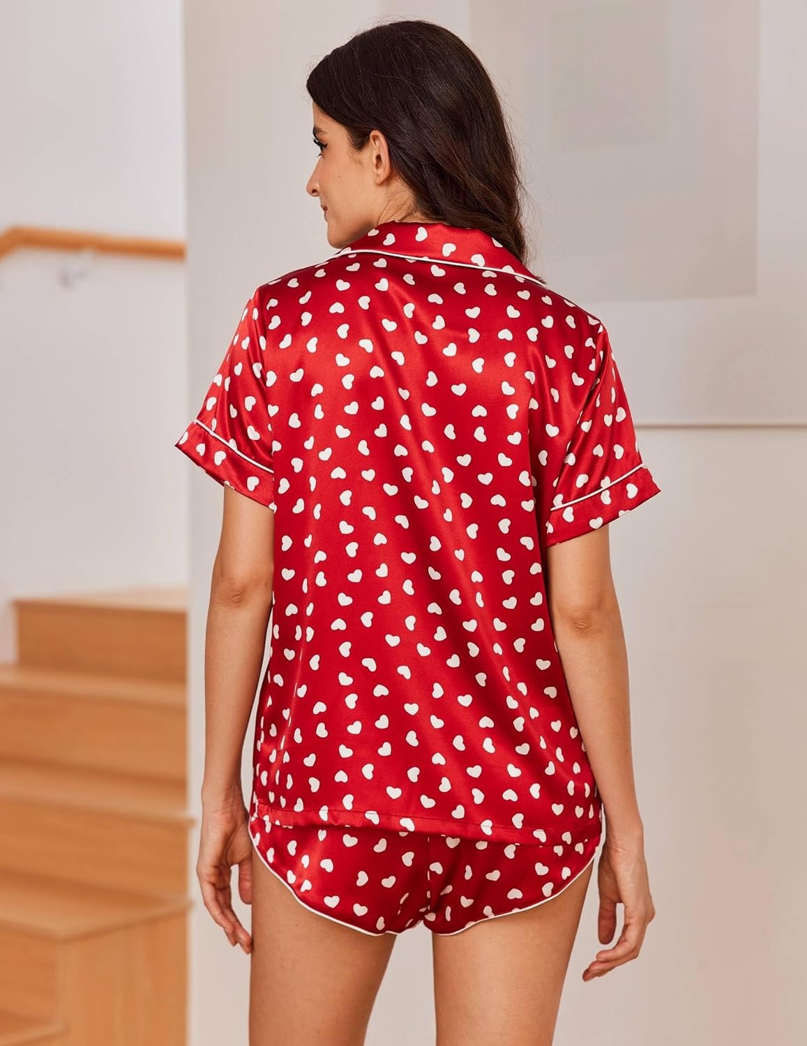 image:imageEkouaer Women Satin Pajama Sets Cute Print Silk Pjs Shorts Sets S4XLWhite Heart Print