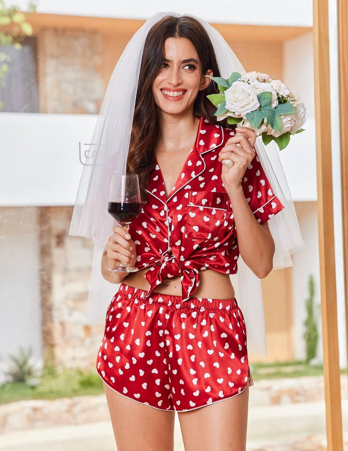 image:imageEkouaer Women Satin Pajama Sets Cute Print Silk Pjs Shorts Sets S4XLWhite Heart Print