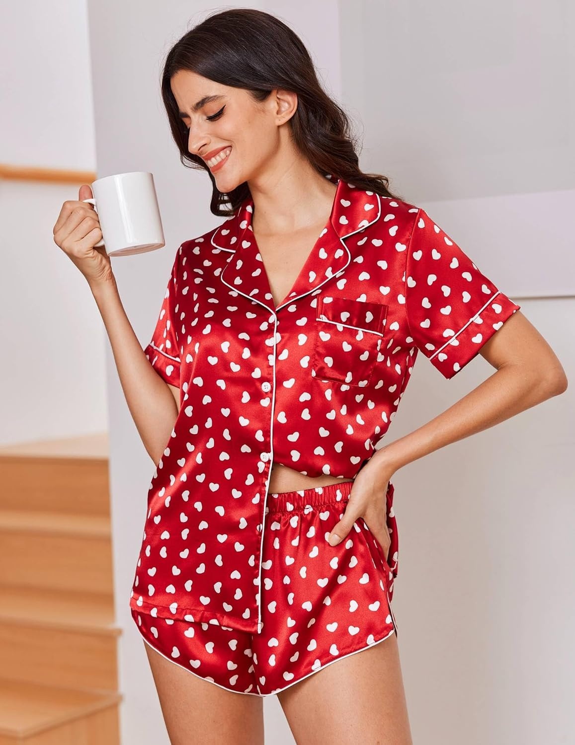 image:imageEkouaer Women Satin Pajama Sets Cute Print Silk Pjs Shorts Sets S4XLWhite Heart Print