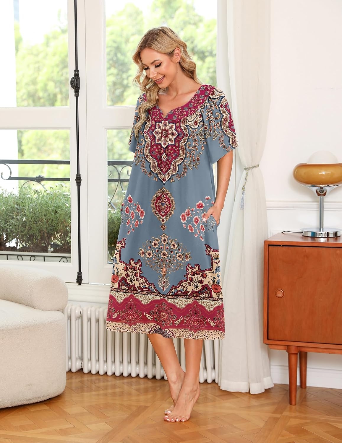 image:imageEkouaer Womens House Dress with PocketsEthnic Flower