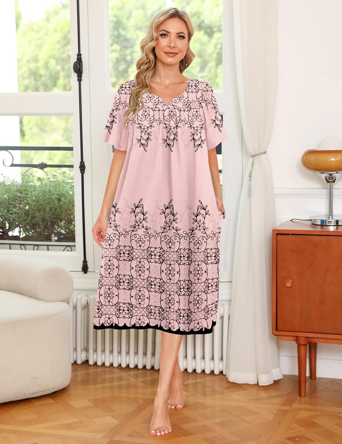 image:imageEkouaer Womens House Dress with PocketsPink Leaf Floral