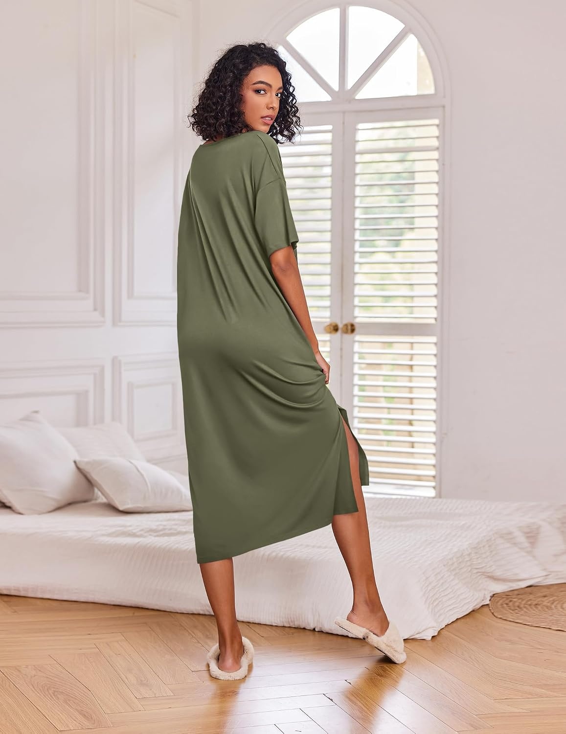 image:imageEkouaer Womens Long Nightgown Short Sleeve Night Shirt Plus Size SleepwearArmy Green