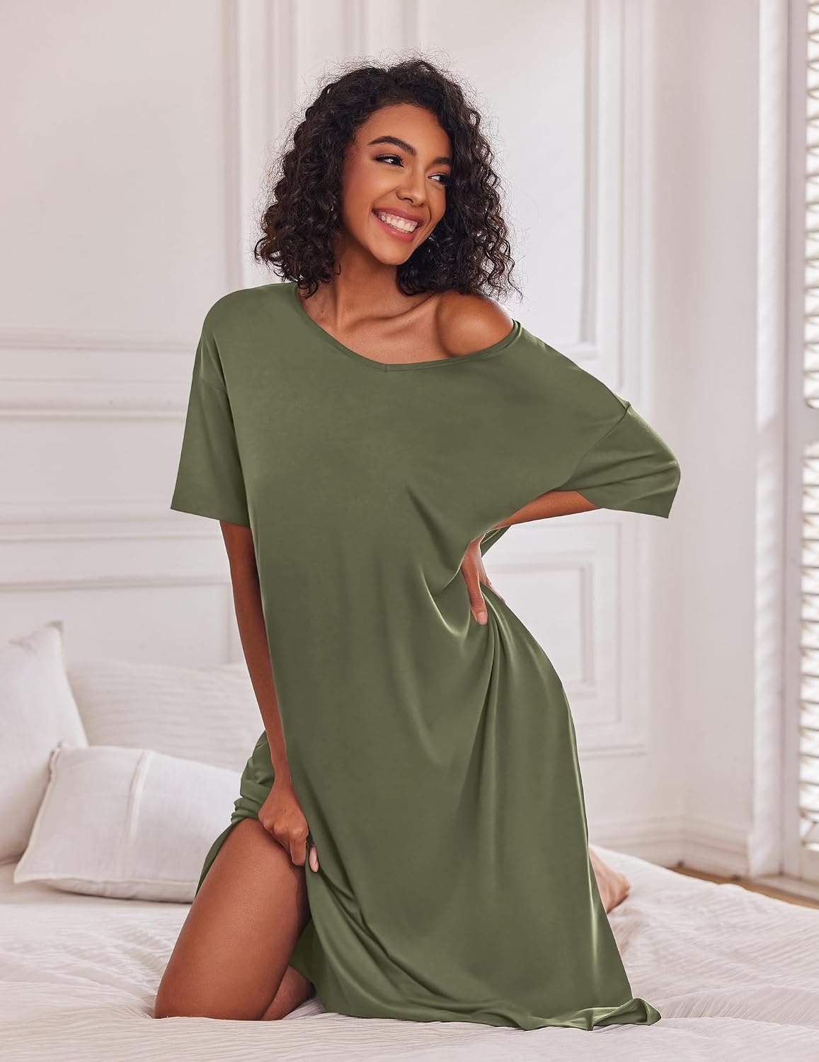 image:imageEkouaer Womens Long Nightgown Short Sleeve Night Shirt Plus Size SleepwearArmy Green