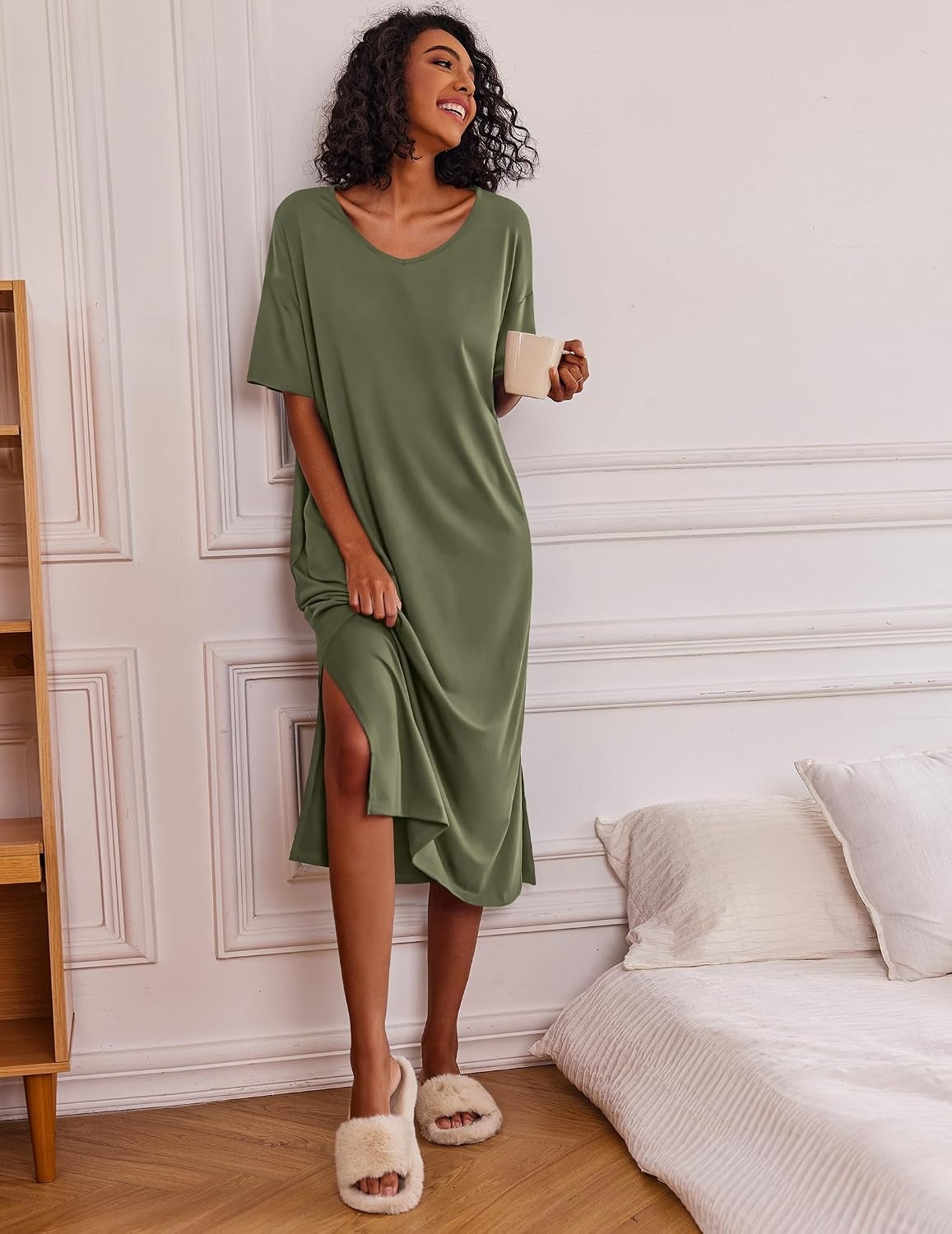 image:imageEkouaer Womens Long Nightgown Short Sleeve Night Shirt Plus Size SleepwearArmy Green