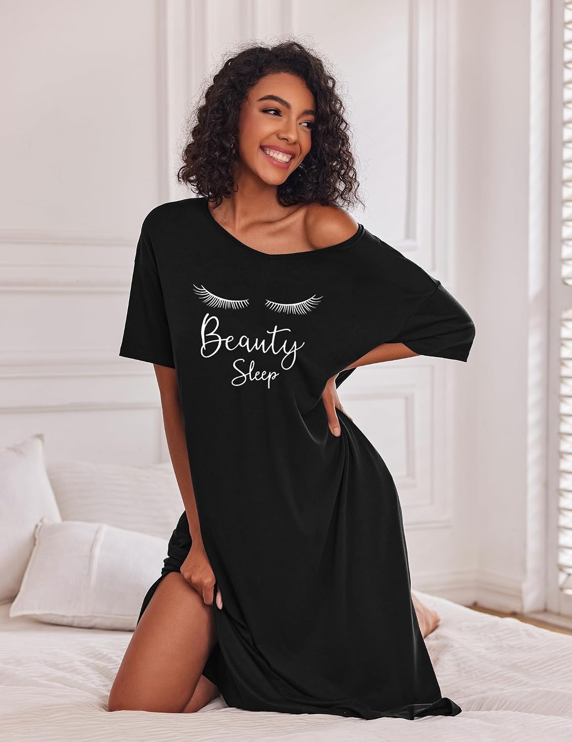 image:imageEkouaer Womens Long Nightgown Short Sleeve Night Shirt Plus Size SleepwearBlack Eyelash