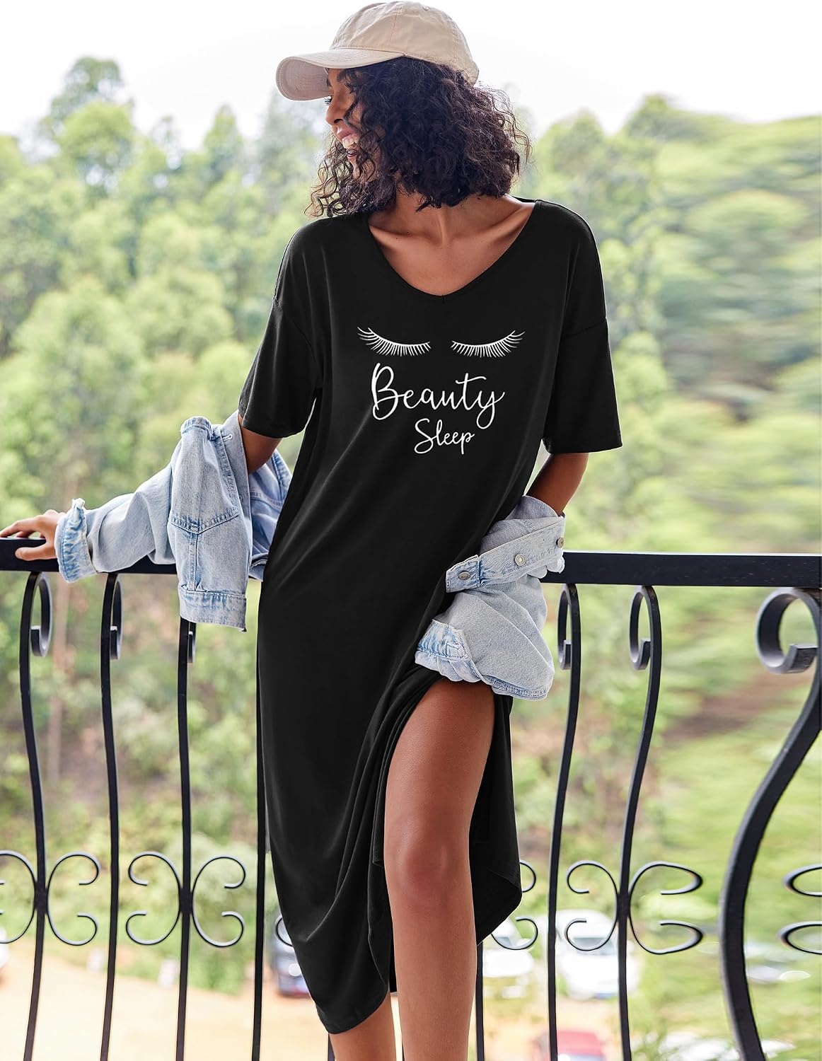 image:imageEkouaer Womens Long Nightgown Short Sleeve Night Shirt Plus Size SleepwearBlack Eyelash
