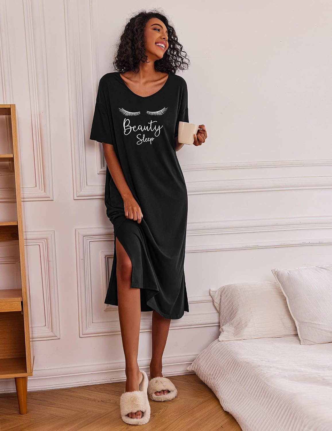 image:imageEkouaer Womens Long Nightgown Short Sleeve Night Shirt Plus Size SleepwearBlack Eyelash