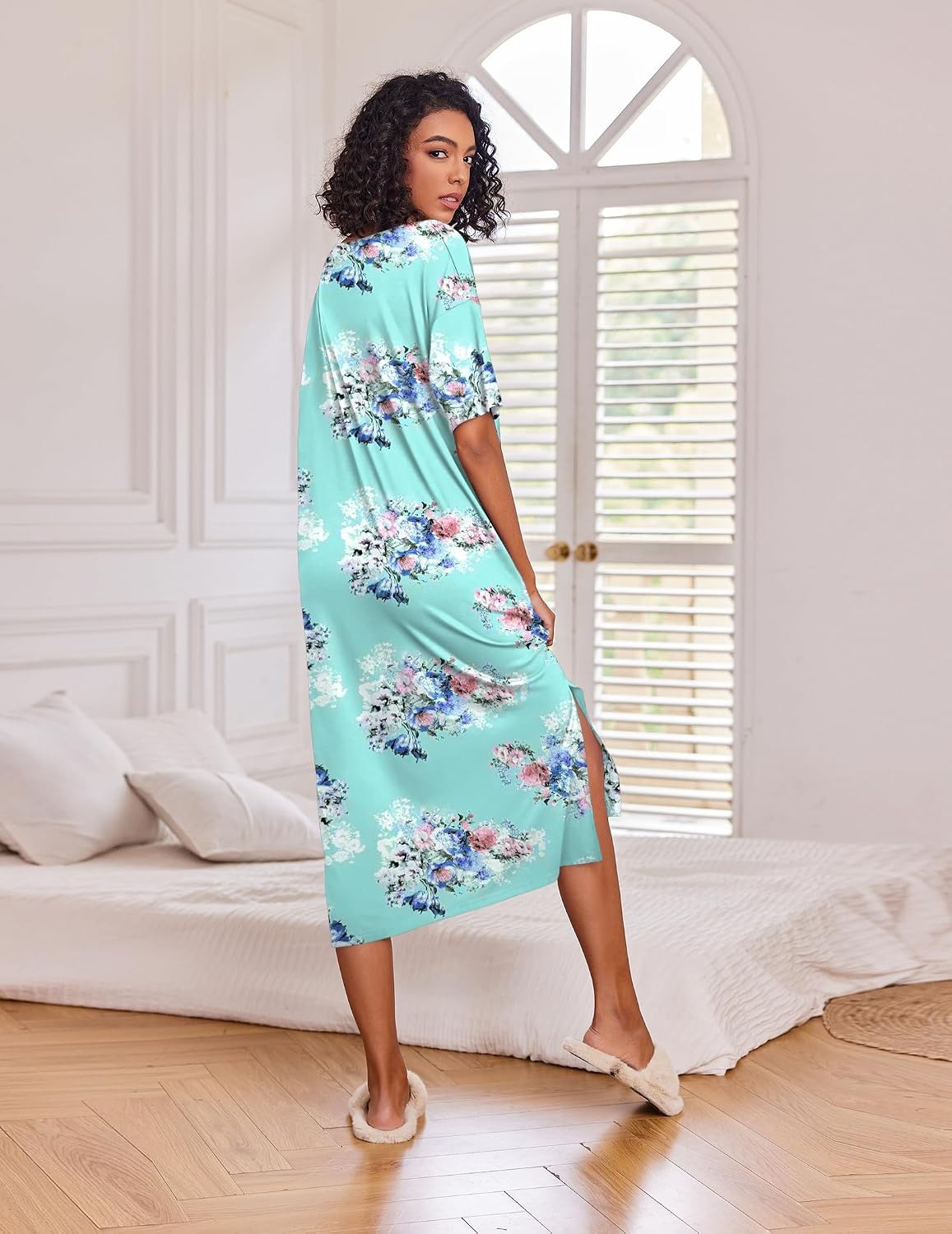 image:imageEkouaer Womens Long Nightgown Short Sleeve Night Shirt Plus Size SleepwearBlue Floral