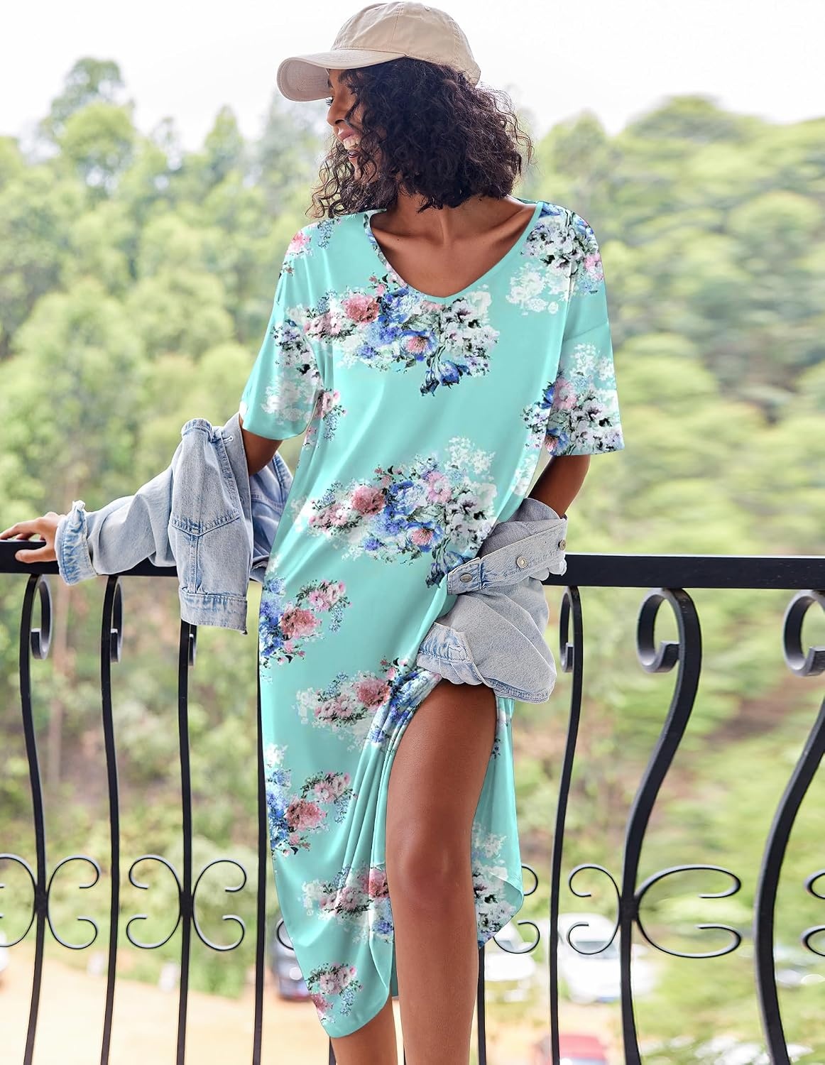 image:imageEkouaer Womens Long Nightgown Short Sleeve Night Shirt Plus Size SleepwearBlue Floral