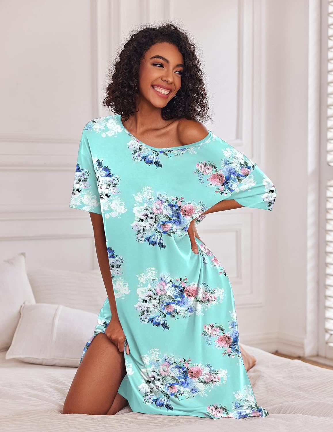 image:imageEkouaer Womens Long Nightgown Short Sleeve Night Shirt Plus Size SleepwearBlue Floral
