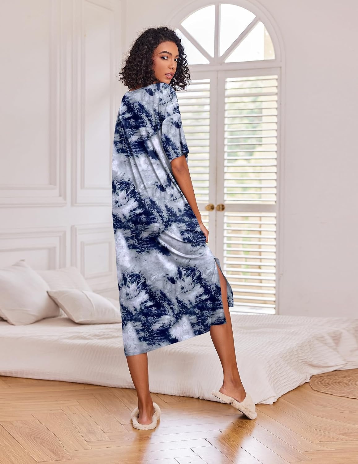 image:imageEkouaer Womens Long Nightgown Short Sleeve Night Shirt Plus Size SleepwearBlue Tie Dye