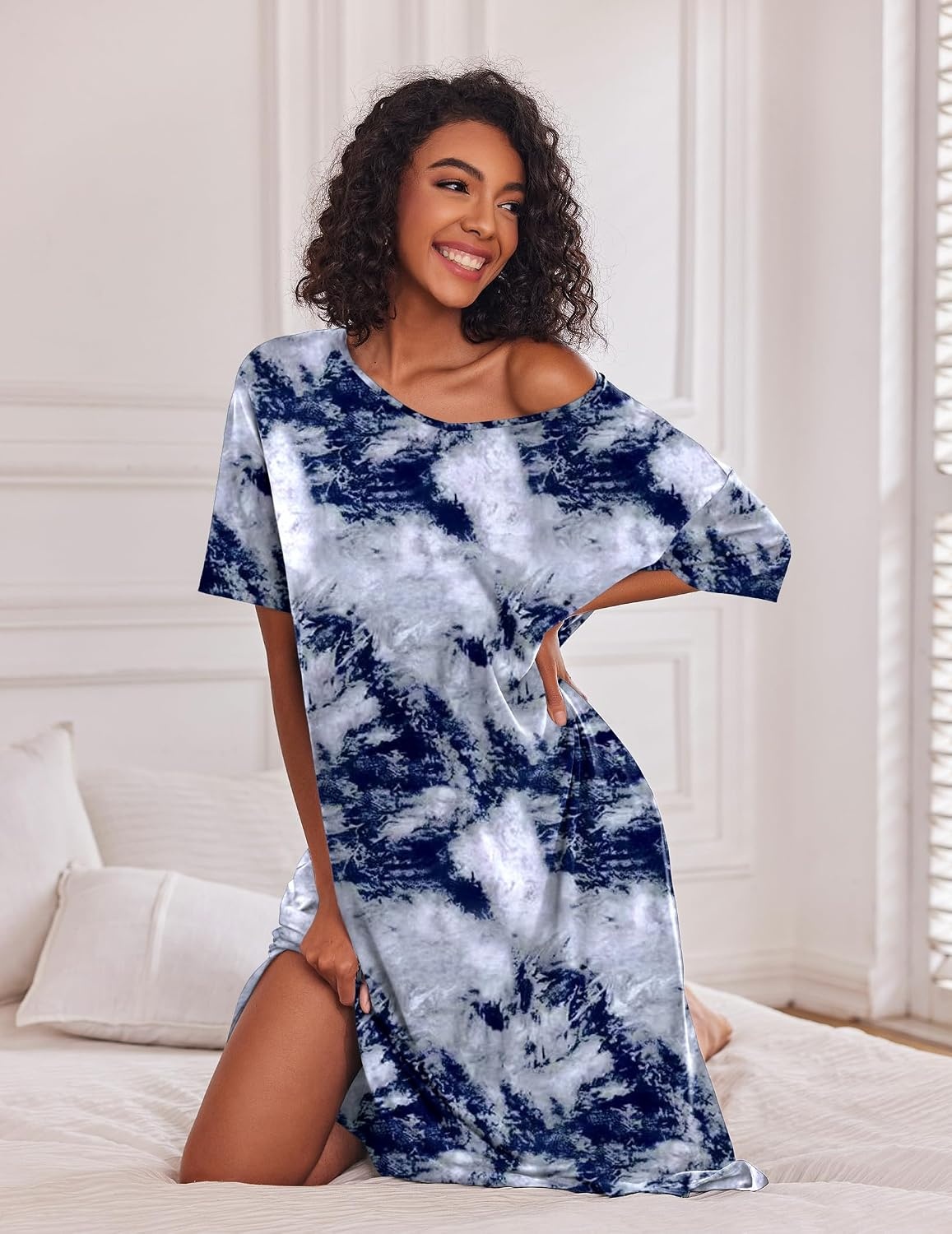 image:imageEkouaer Womens Long Nightgown Short Sleeve Night Shirt Plus Size SleepwearBlue Tie Dye