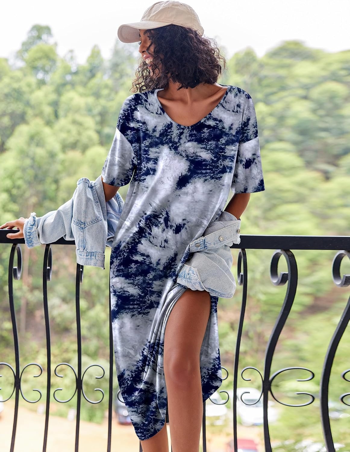 image:imageEkouaer Womens Long Nightgown Short Sleeve Night Shirt Plus Size SleepwearBlue Tie Dye
