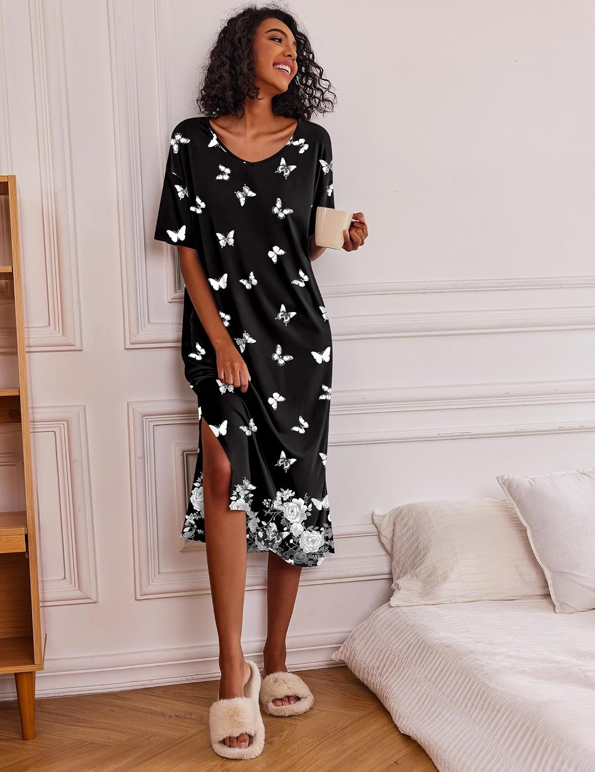 image:imageEkouaer Womens Long Nightgown Short Sleeve Night Shirt Plus Size SleepwearButterfly