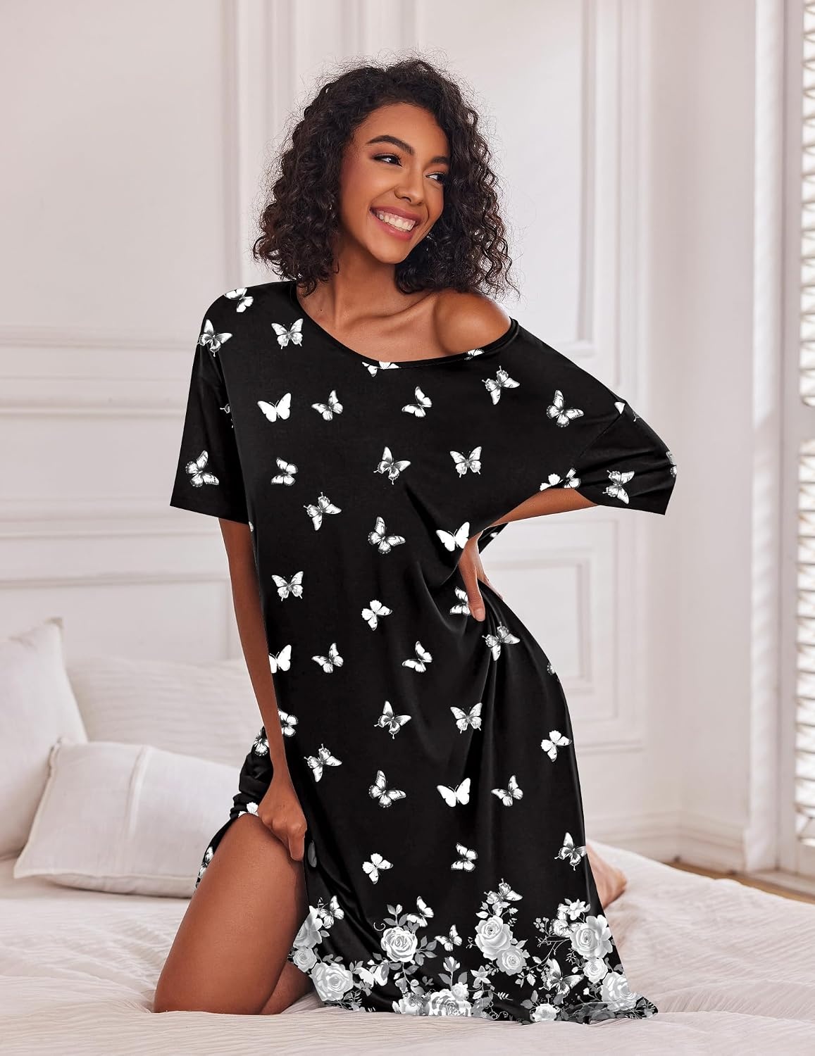 image:imageEkouaer Womens Long Nightgown Short Sleeve Night Shirt Plus Size SleepwearButterfly