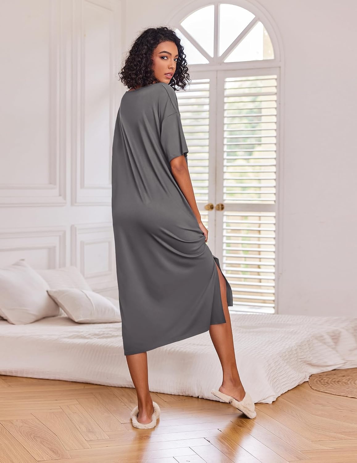 image:imageEkouaer Womens Long Nightgown Short Sleeve Night Shirt Plus Size SleepwearDark Grey