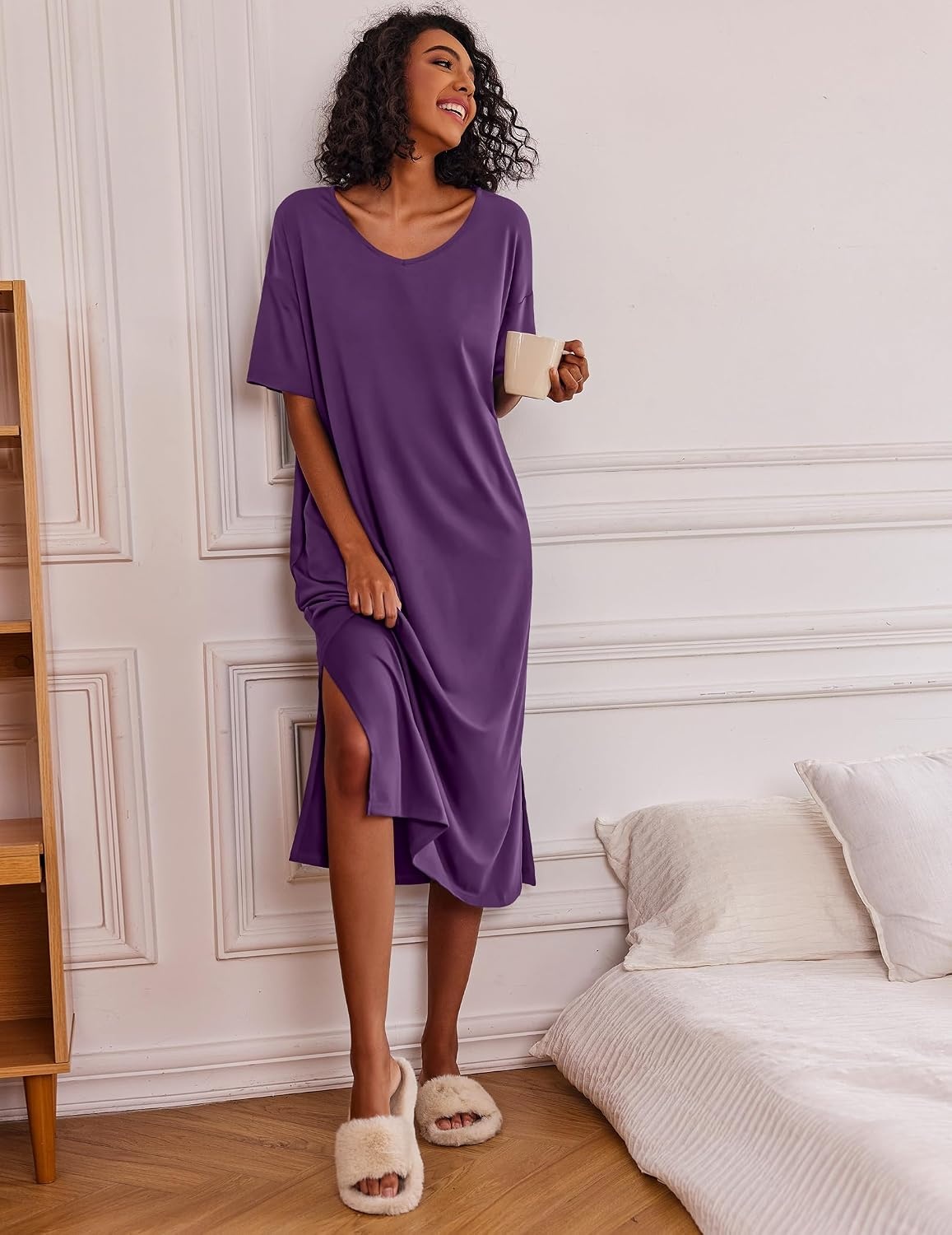 image:imageEkouaer Womens Long Nightgown Short Sleeve Night Shirt Plus Size SleepwearDark Purple
