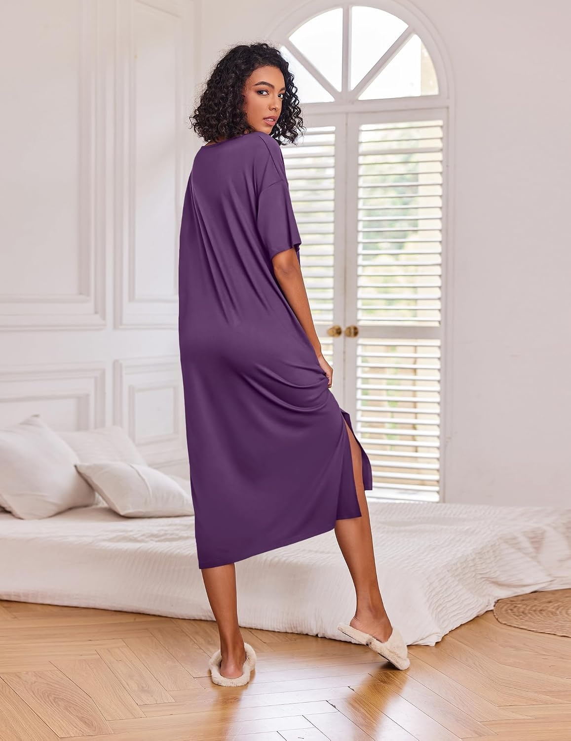image:imageEkouaer Womens Long Nightgown Short Sleeve Night Shirt Plus Size SleepwearDark Purple