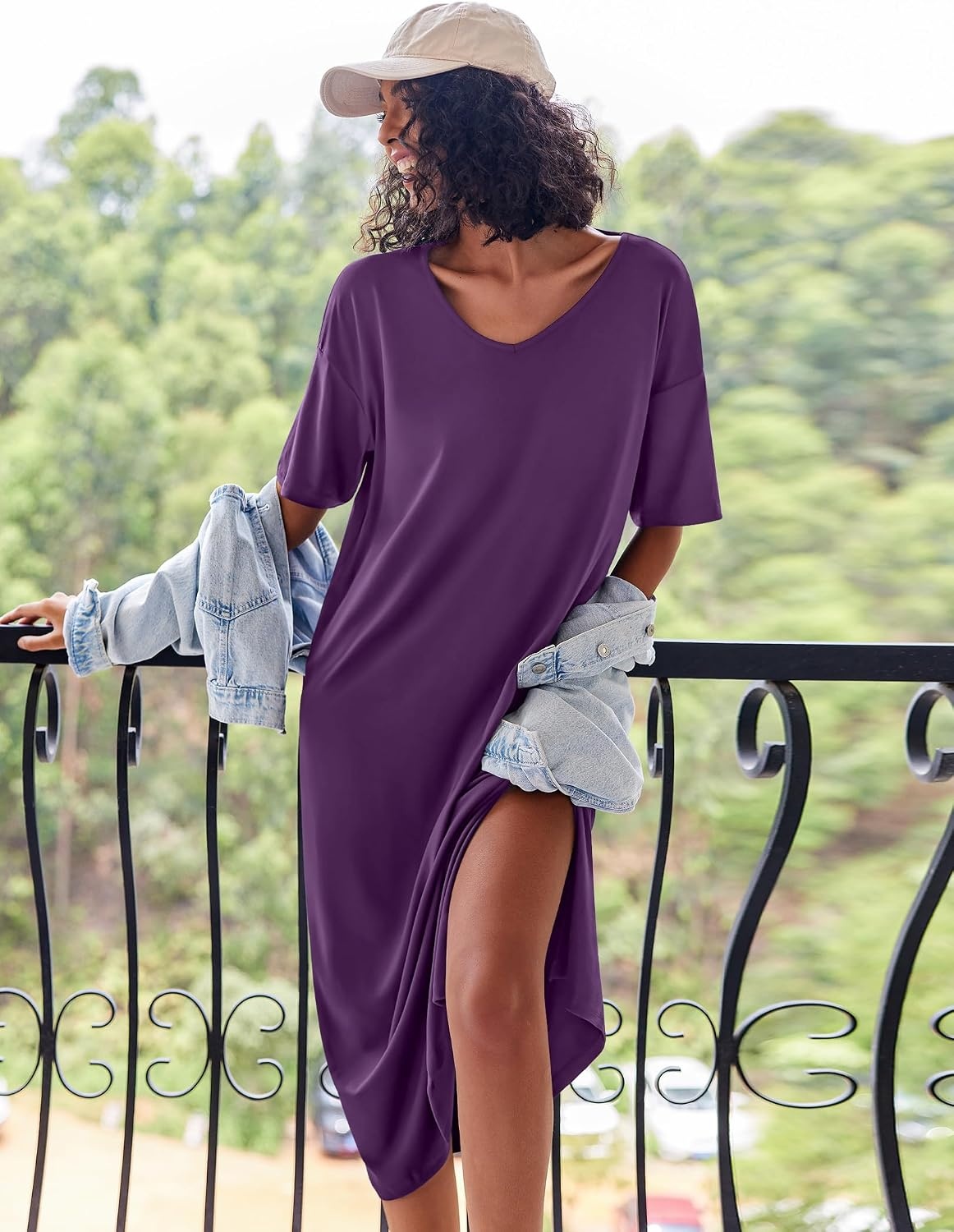 image:imageEkouaer Womens Long Nightgown Short Sleeve Night Shirt Plus Size SleepwearDark Purple