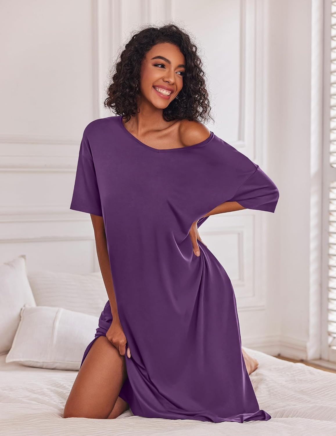 image:imageEkouaer Womens Long Nightgown Short Sleeve Night Shirt Plus Size SleepwearDark Purple
