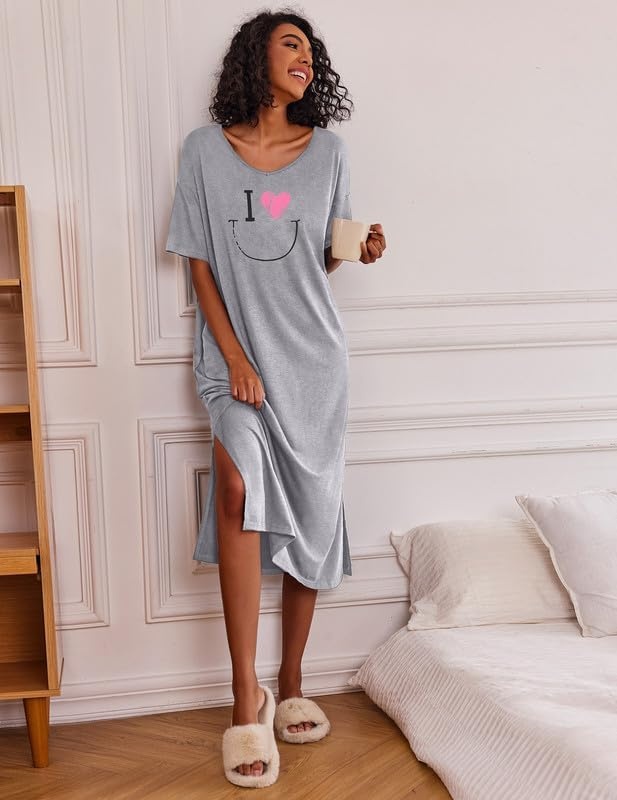 image:imageEkouaer Womens Long Nightgown Short Sleeve Night Shirt Plus Size SleepwearGrey