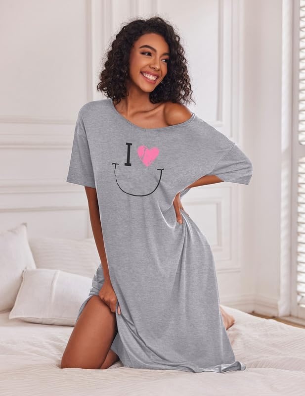 image:imageEkouaer Womens Long Nightgown Short Sleeve Night Shirt Plus Size SleepwearGrey