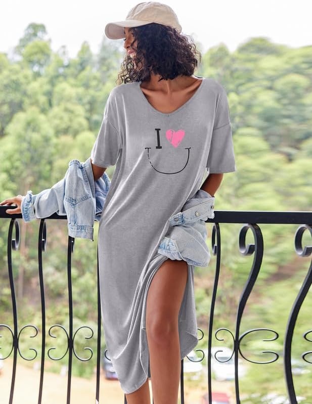 image:imageEkouaer Womens Long Nightgown Short Sleeve Night Shirt Plus Size SleepwearGrey