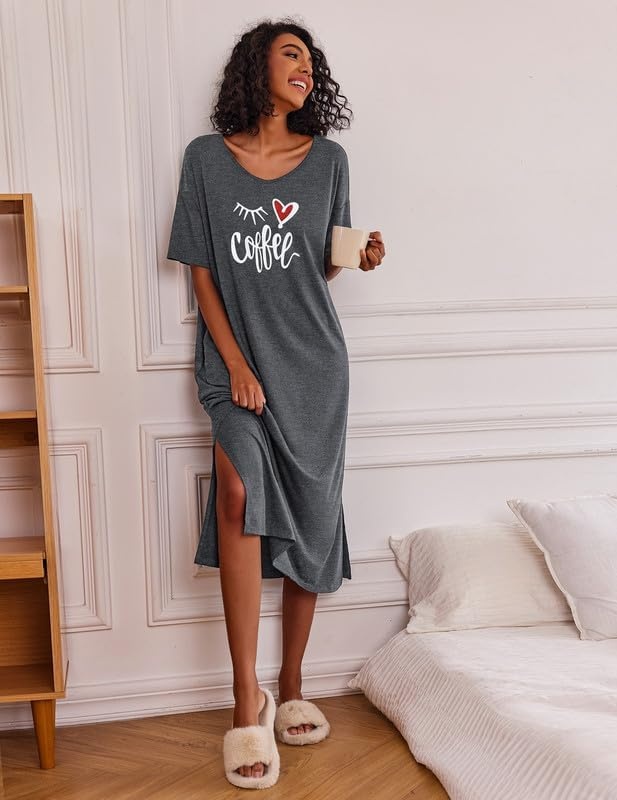 image:imageEkouaer Womens Long Nightgown Short Sleeve Night Shirt Plus Size SleepwearMedium Grey