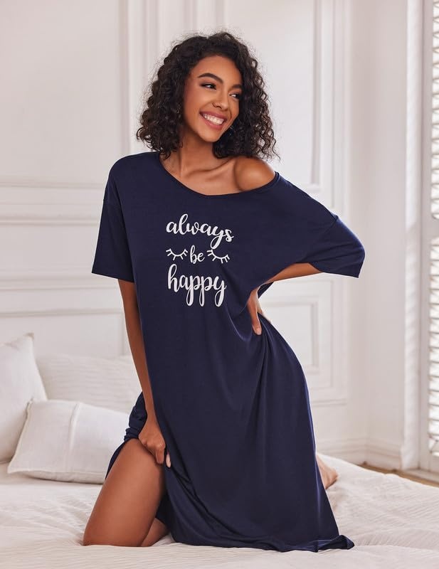 image:imageEkouaer Womens Long Nightgown Short Sleeve Night Shirt Plus Size SleepwearNavy Blue