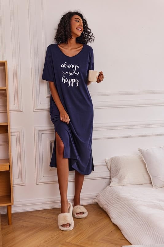 image:imageEkouaer Womens Long Nightgown Short Sleeve Night Shirt Plus Size SleepwearNavy Blue